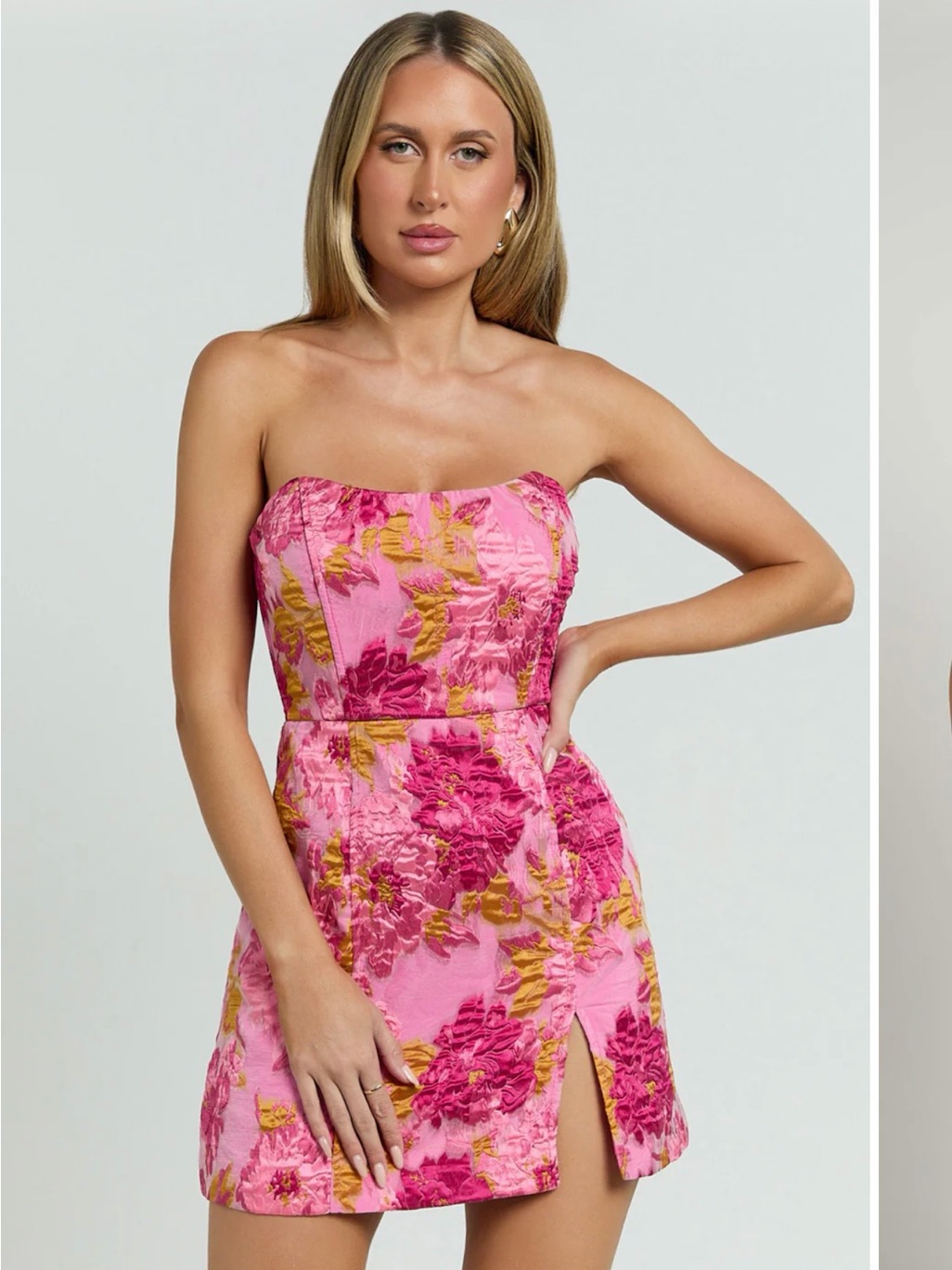 Showpo Brailey Strapless Pink & Gold Floral Jacquard Mini Dress. Size 10
